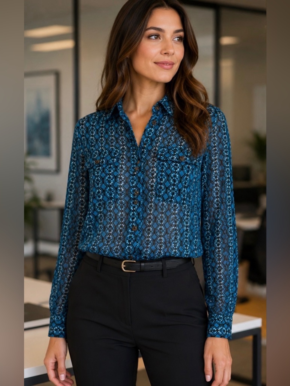 Vince Camuto Sheer Blue Geometric Button-Up Blouse Size Small | Long Sleeve - Picture 1 of 7